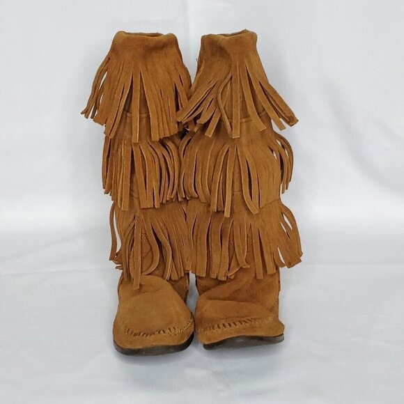 Minnetonka 3 Layer Fringe Moccasin Boots 9 Brown Suede Mid Calf Boho Hippie - Picture 3 of 13